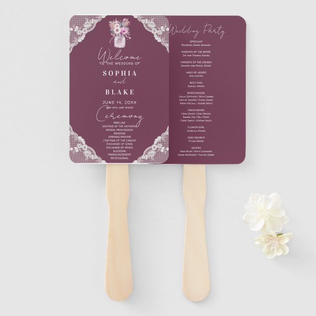 Country Lace Mason Jar Burgundy Wedding Program Hand Fan (Front and Back)