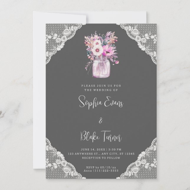 Country Lace & Mason Jar Flowers Gray Wedding Invitation (Front)
