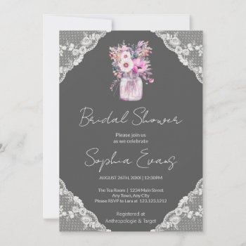 Country Lace Mason Jar Gray Bridal Shower Invitation by Wedding_Planning_101 at Zazzle