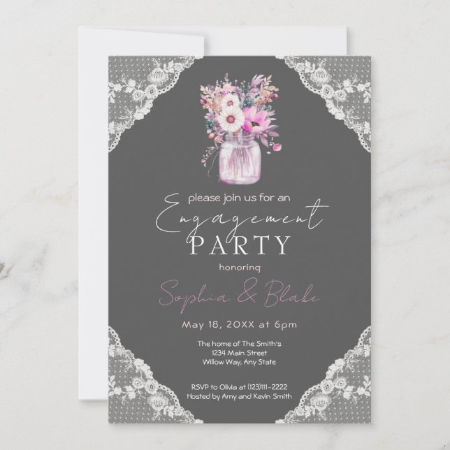 Country Lace Mason Jar Gray Engagement Party Invitation (Front)