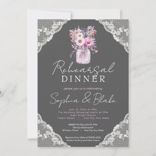 Country Lace Mason Jar Gray Rehearsal Dinner Invitation