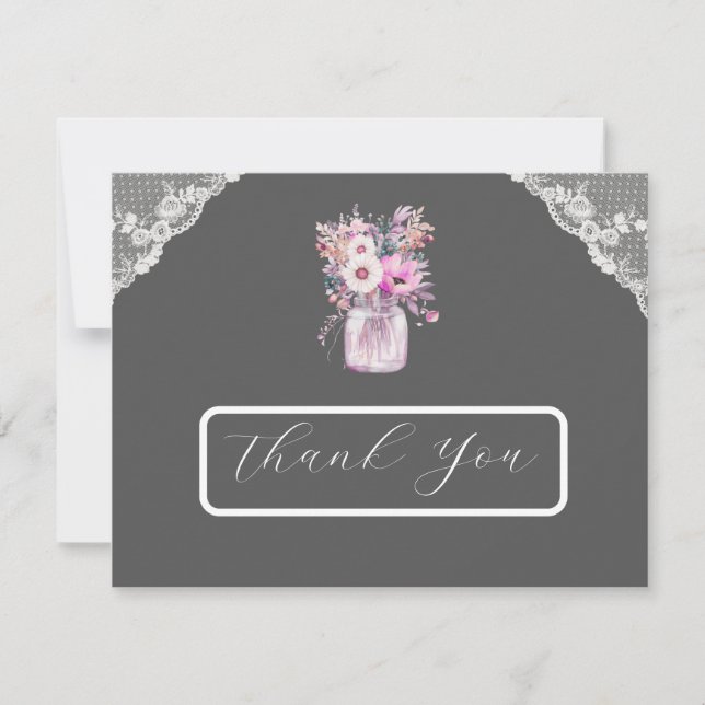 Country Lace Mason Jar Gray Thank You Card (Front)