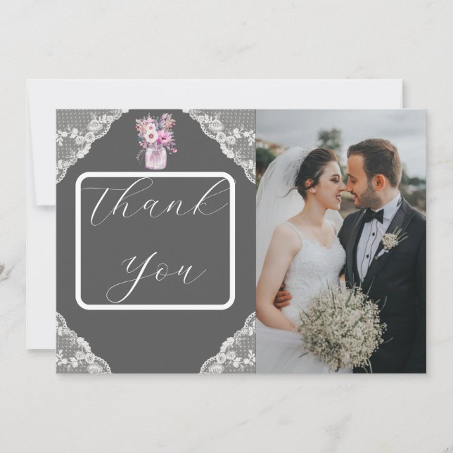 Country Lace Mason Jar Gray Thank You Card (Front)