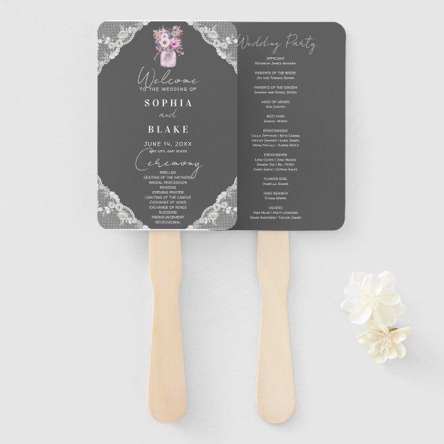 Country Lace Mason Jar Gray Wedding Program Hand Fan (Front and Back)