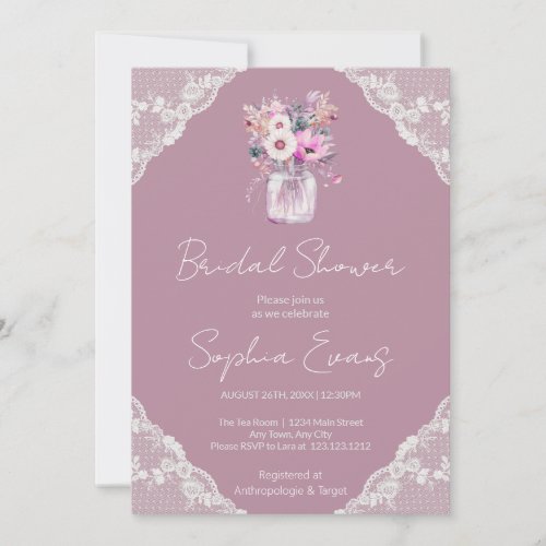 Country Lace Mason Jar Pink Bridal Shower Invitation