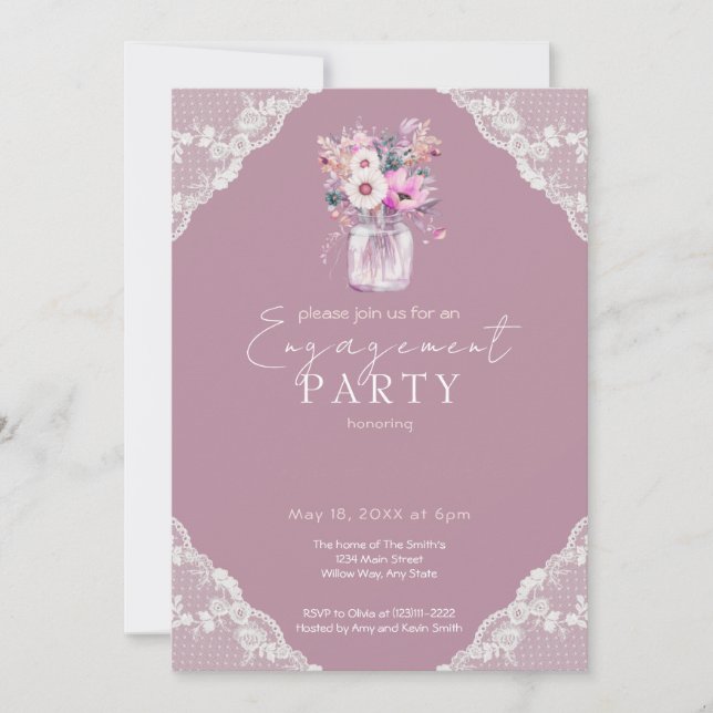 Country Lace Mason Jar Pink Engagement Party Invitation (Front)