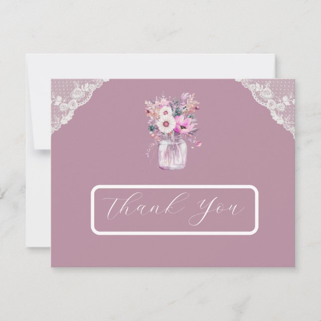 Country Lace Mason Jar Pink Thank You Card (Front)