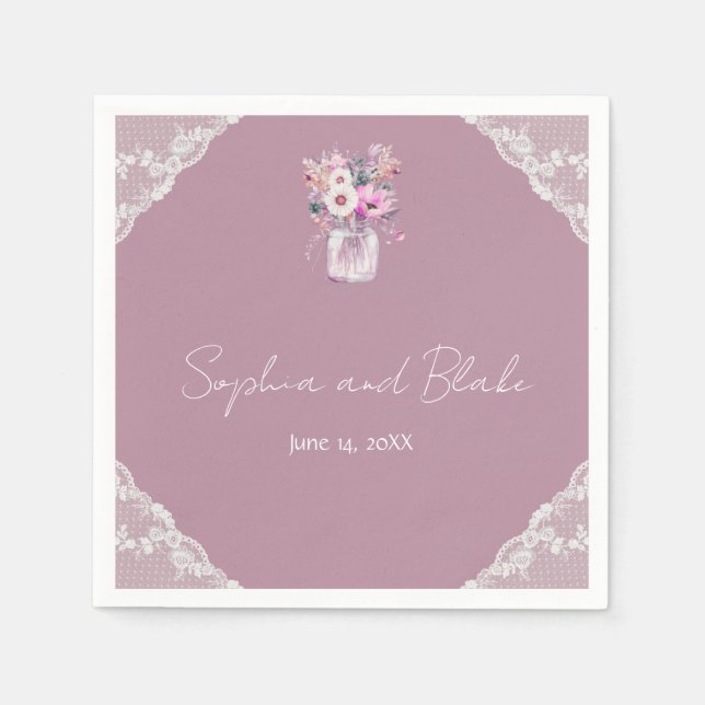 Country Lace Mason Jar Pink Wedding Napkins (Front)