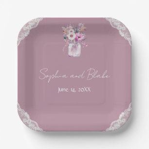 Country Lace Mason Jar Pink Wedding Paper Plates