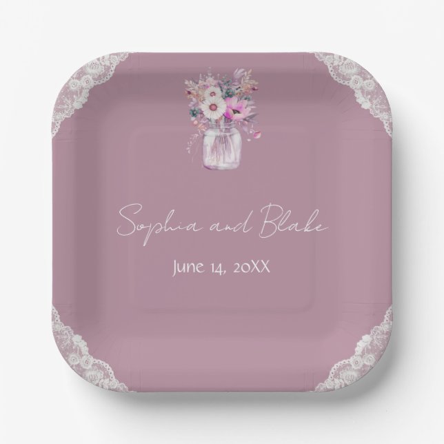 Country Lace Mason Jar Pink Wedding Paper Plates (Front)