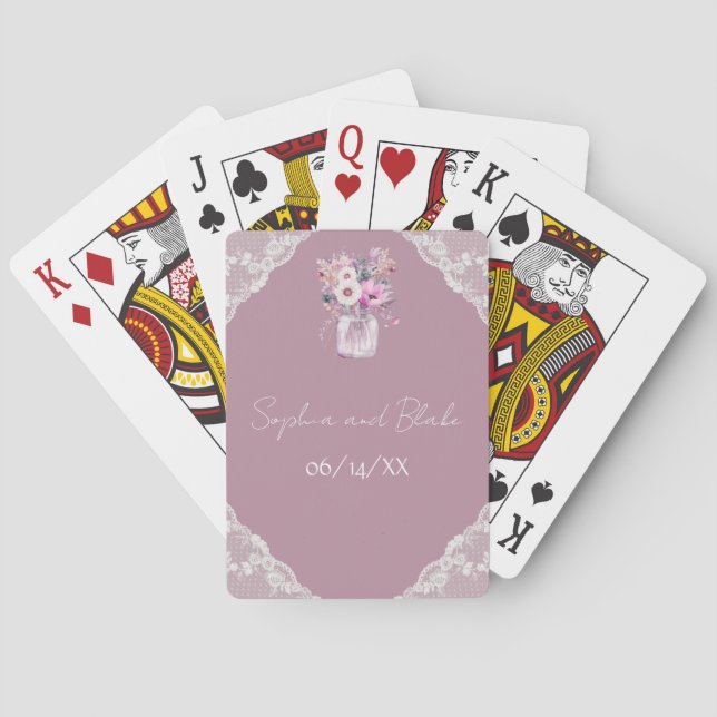 Country Lace Mason Jar Pink Wedding Poker Cards (Back)