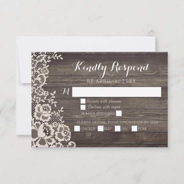 Country Lace Wood Wedding RSVP Response Card (Front)