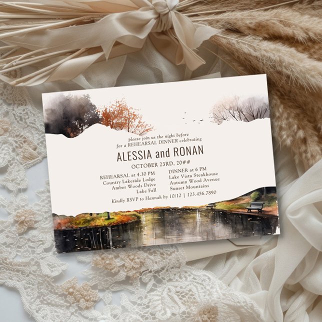 Country Lake Watercolor Wedding Rehearsal Dinner Invitation (Fall Lake Wedding Rehearsal Dinner Invite by Darling & May - buy digital file or professional prints)