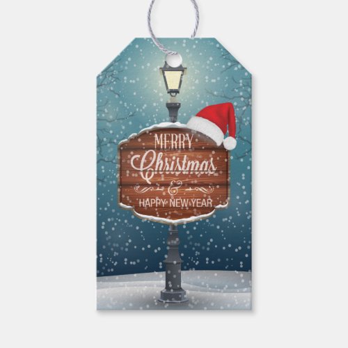 Country lamp post merry christmas Santa hat Gift Tags