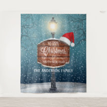 Country lamp post night light Christmas hat snow