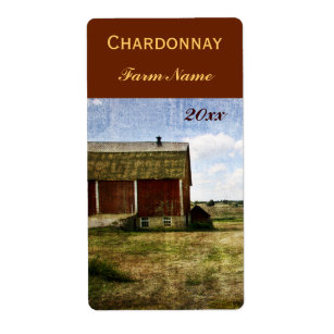 Country landscape with red barn wine bottle label