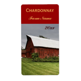 Country landscape with red barn wine bottle label