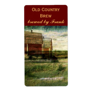 Country landscape with red barns beer bottle label