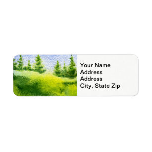 Country landscapes spring pines hills clear sky. label