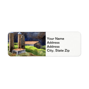 Country landscapes woodland barn silo. label