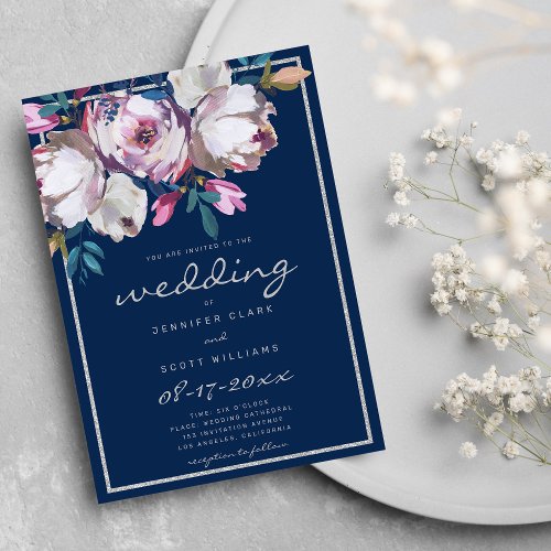  Country lavender pink navy blue floral wedding Invitation