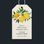 Country Lemon and Flowers Wedding Gift Tags<br><div class="desc">A great favor tag for your wedding featuring watercolor painted yellow lemons and green leaves, accented with dainty white flowers. The background is a very light yellow striped design.Use the template form to add your custom text. The "customize further" feature can be used to access the advanced font, color and...</div>