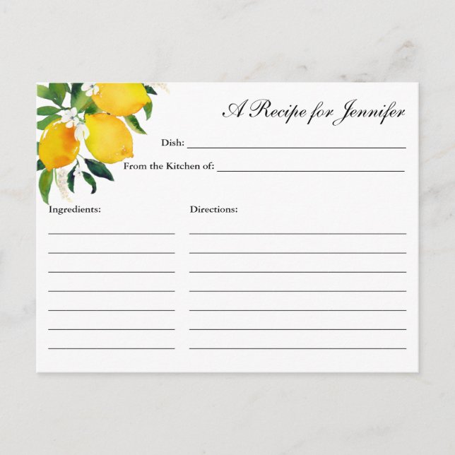 Country Lemon & Flowers, White Recipe Card (Front)