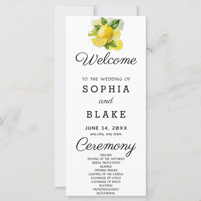 Country Lemon Greenery White Wedding Program (Front)