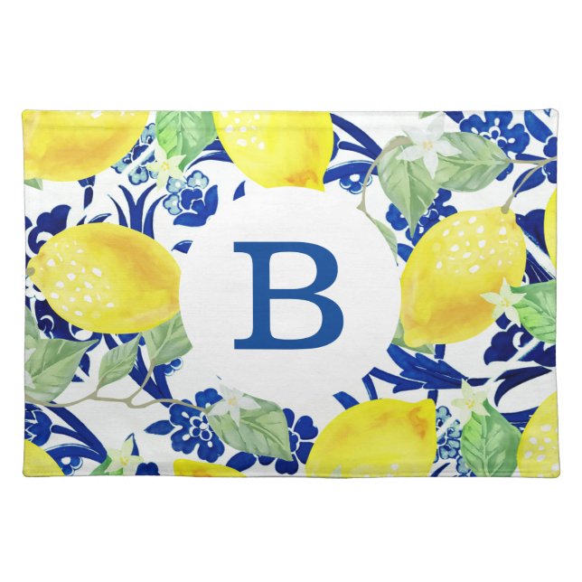 Country Lemons & Blue Floral | Monogram Cloth Placemat (Front)