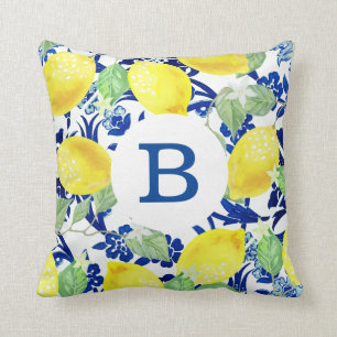 Country Lemons & Blue Floral   Monogram Throw Pillow