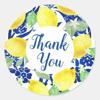Country Lemons &  Blue Floral Thank You Classic Round Sticker by GrudaHomeDecor at Zazzle