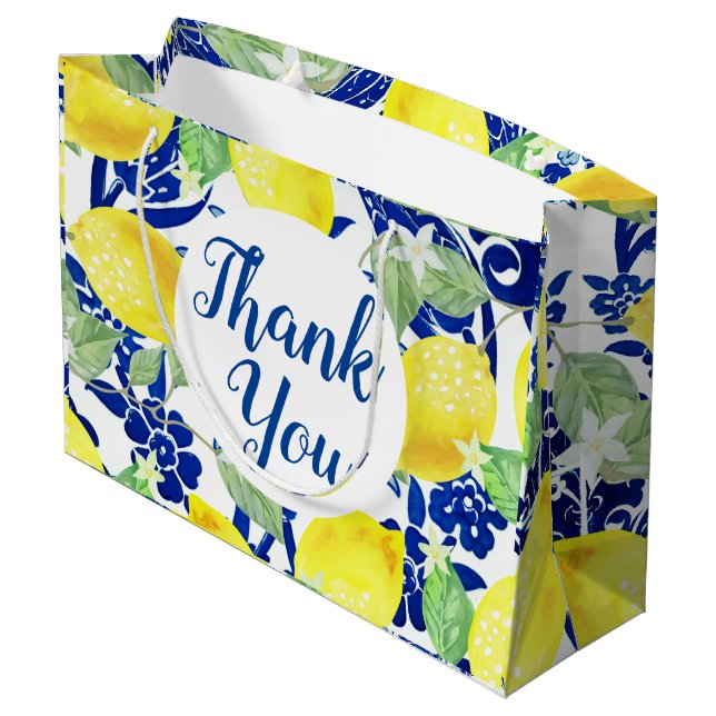 Country Lemons & Blue Floral Thank You Large Gift Bag (Back Angled)