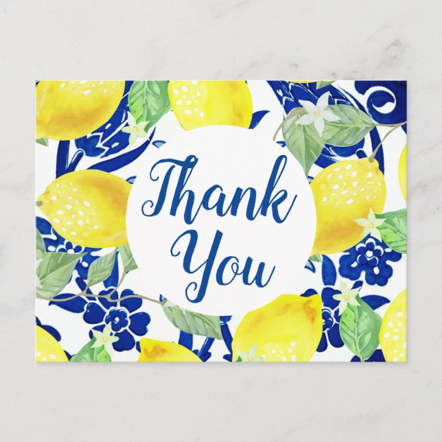 Country Lemons & Blue Floral Thank You Script Postcard (Front)