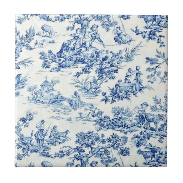 Country Life Ceramic Tile with Blue White Design (Front)