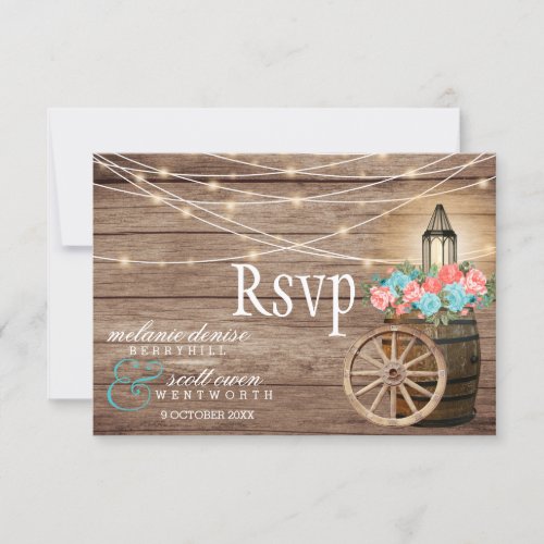 Country Light Teal and Coral _ Wood Barrel RSVP Card