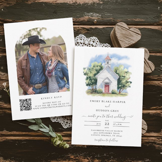 Country Lil White Chapel Watercolor Rustic Wedding Invitation (country wedding invitation rustic western barn watercolor cowboy calligraphy white chapel)