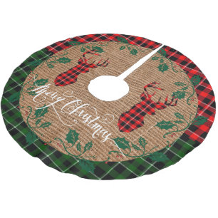 Country Log Cabin - Plaid Deer Heads on Burlap Brushed Polyester Tree Skirt