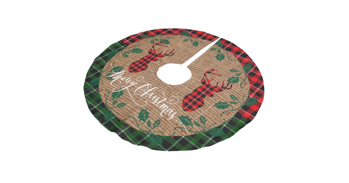 Country Log Cabin Plaid Deer Heads On Burlap Brushed Polyester