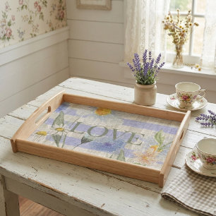 Country Love Floral Blue Gingham and Daisies Serving Tray