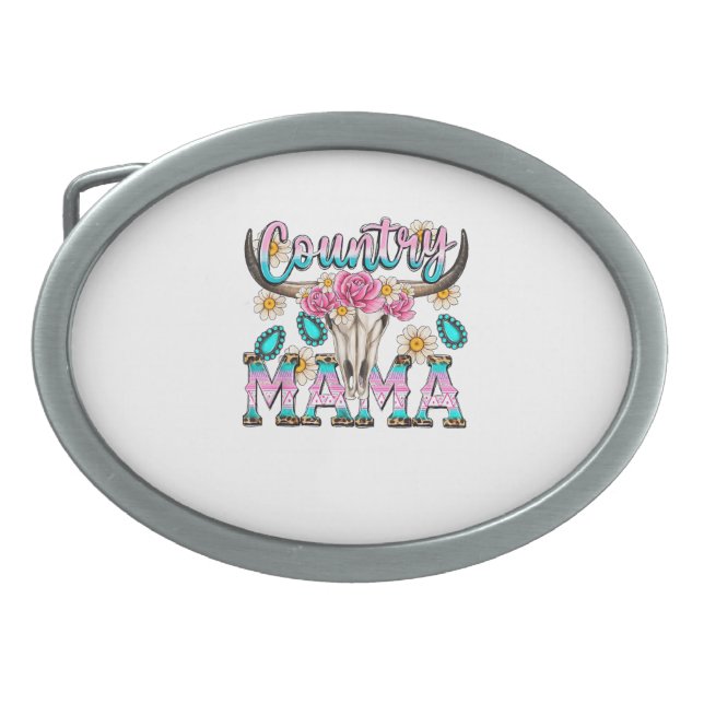 Country Mama Retro Groovy Cow Skull Country Rodeo  Belt Buckle (Front)
