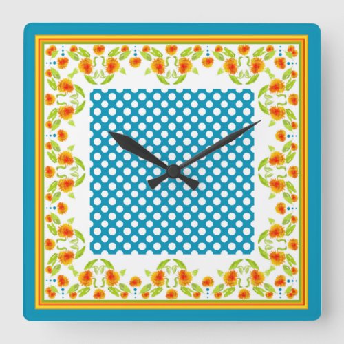 Country Marigolds Border and Polka Dots Wall Clock