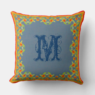 Country Marigolds Border Monogram Pillow, Cushion