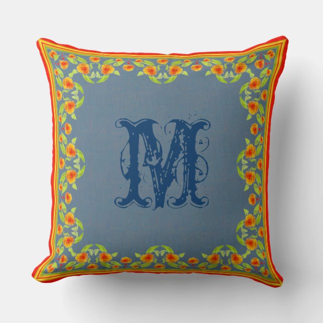 Country Marigolds Border Monogram Pillow, Cushion (Front)