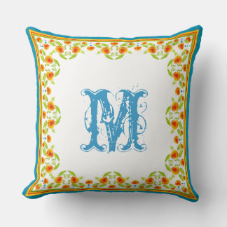 Country Marigolds Border Monogram Pillow, Cushion