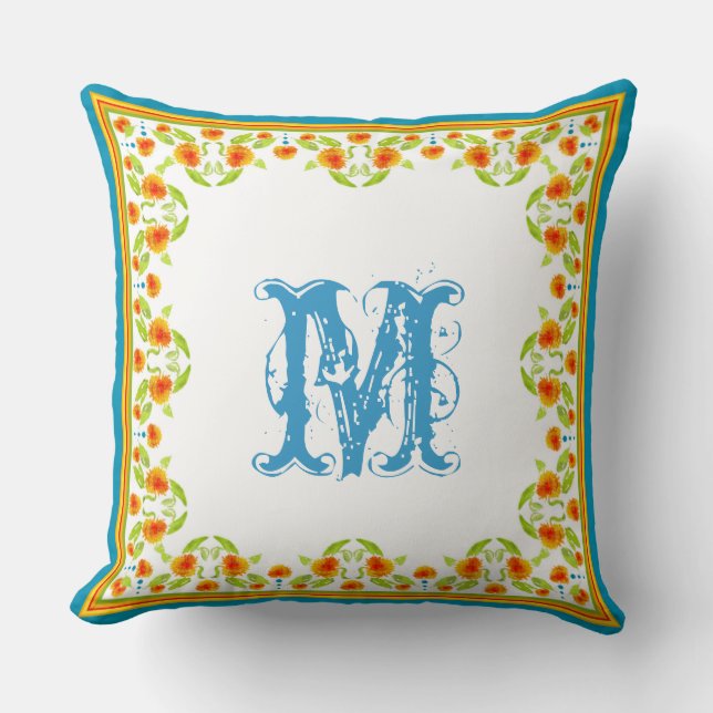 Country Marigolds Border Monogram Pillow, Cushion (Front)