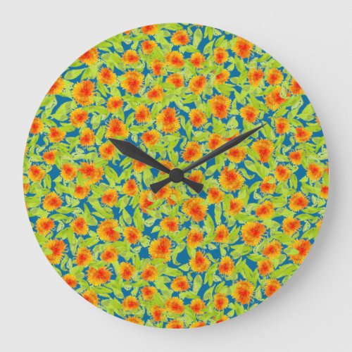 Country Marigolds on Blue Round Wall Clock