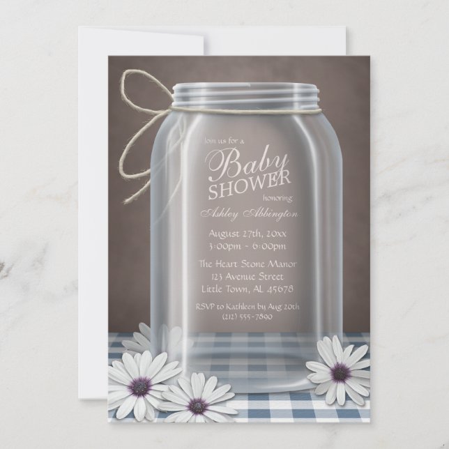 Country Mason Jar Blue Gingham Baby Shower Invitation (Front)