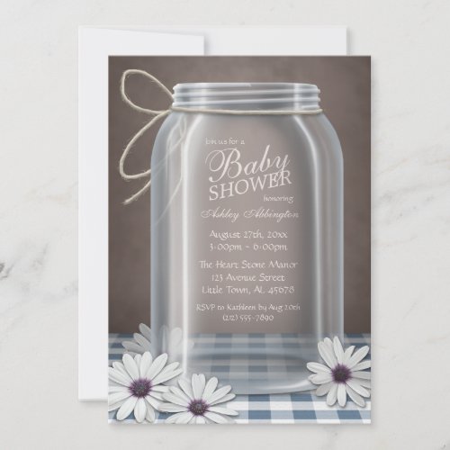 Country Mason Jar Blue Gingham Baby Shower Personalized Announcement