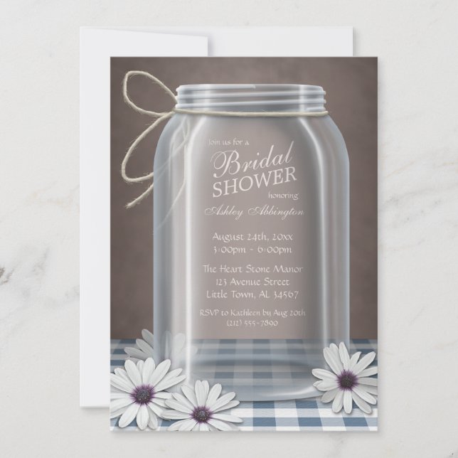 Country Mason Jar Blue Gingham Bridal Shower Invitation (Front)
