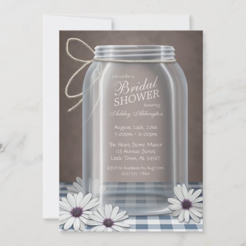 Country Mason Jar Blue Gingham Bridal Shower Custom Invites
